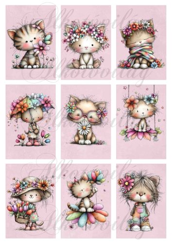 Cuki cicák virágokkal mályvás alapon - 9 x 6 cm - HŰTŐMÁGNES, AJÁNDÉKKÍSÉGŐ készítéshez