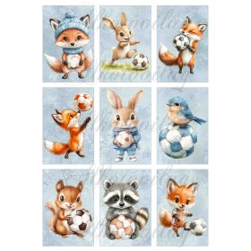   Cuki focizó állatkák kékesszürke márványos alapon - 9 x 6 cm - HŰTŐMÁGNES, AJÁNDÉKKÍSÉGŐ készítéshez