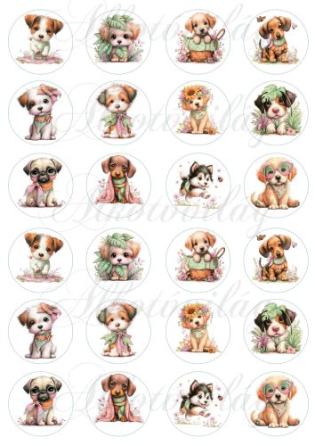 Cuki kutyusok virágokkal 4 cm-es körökben