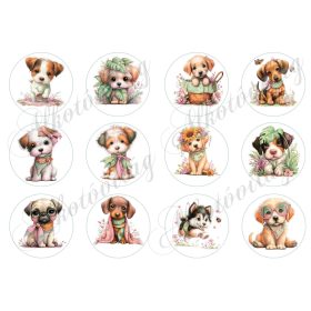 Cuki kutyusok virágokkal 6 cm-es körökben