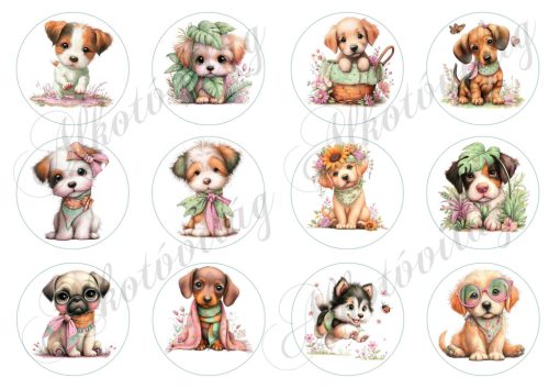 Cuki kutyusok virágokkal 6 cm-es körökben