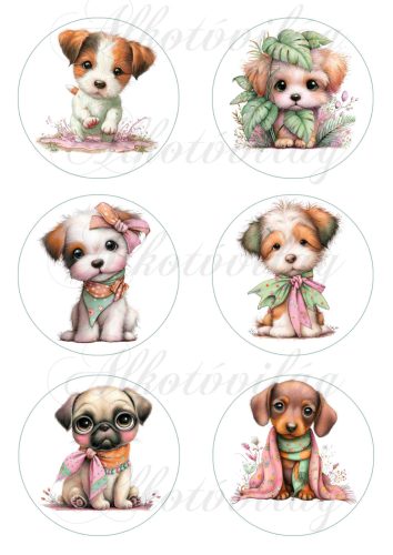 Cuki kutyusok virágokkal 8,5 cm-es körökben 2. változat