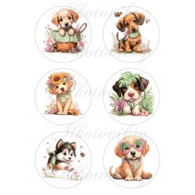 Cuki kutyusok virágokkal 8,5 cm-es körökben