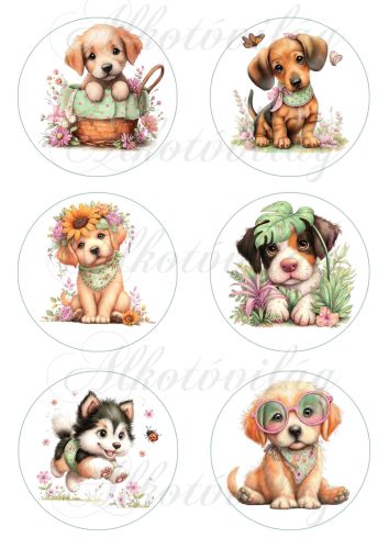 Cuki kutyusok virágokkal 8,5 cm-es körökben