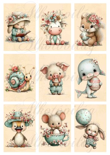 Cuki állatkák virágokkal sárgás alapon - 9 x 6 cm - HŰTŐMÁGNES, AJÁNDÉKKÍSÉGŐ készítéshez