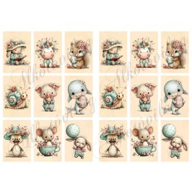   Cuki állatkák virágokkal sárgás alapon -6,5 x 4 cm - HŰTŐMÁGNES, AJÁNDÉKKÍSÉGŐ készítéshez