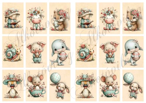 Cuki állatkák virágokkal sárgás alapon -6,5 x 4 cm - HŰTŐMÁGNES, AJÁNDÉKKÍSÉGŐ készítéshez