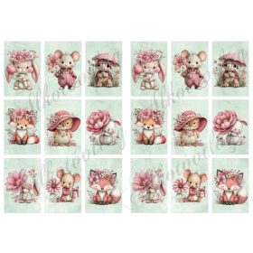   Cuki állatkák virágokkal zöld márványos alapon - 6,5 x 4 cm - HŰTŐMÁGNES, AJÁNDÉKKÍSÉGŐ készítéshez