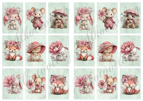 Cuki állatkák virágokkal zöld márványos alapon - 6,5 x 4 cm - HŰTŐMÁGNES, AJÁNDÉKKÍSÉGŐ készítéshez