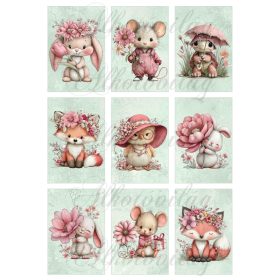   Cuki állatkák virágokkal zöld márványos alapon - 9 x 6 cm - HŰTŐMÁGNES, AJÁNDÉKKÍSÉGŐ készítéshez