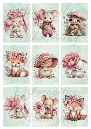 Cuki állatkák virágokkal zöld márványos alapon - 9 x 6 cm - HŰTŐMÁGNES, AJÁNDÉKKÍSÉGŐ készítéshez