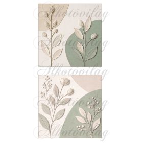   Minimal stílusú kép virágokkal, pasztell barna és zöld színekben - 14 x 14 cm