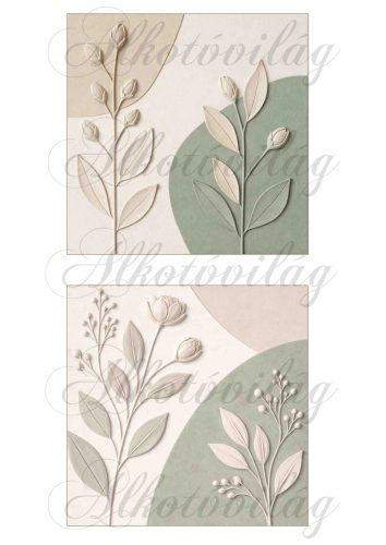 Minimal stílusú kép virágokkal, pasztell barna és zöld színekben - 14 x 14 cm