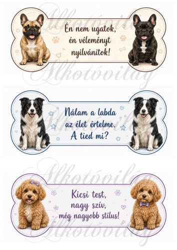 Cuki kutyusok csontokban feliratokkal - francia bulldog, border collie, uszkár - 19 x 7,5 cm
