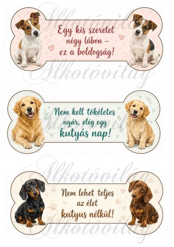 Cuki kutyusok csontokban feliratokkal - jakc russel, gondlen retriever, tacskó - 19 x 7,5 cm
