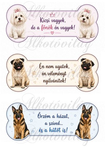 Cuki kutyusok csontokban feliratokkal - máltai selyemkutya, mopsz, németjuhász - 19 x 7,5 cm