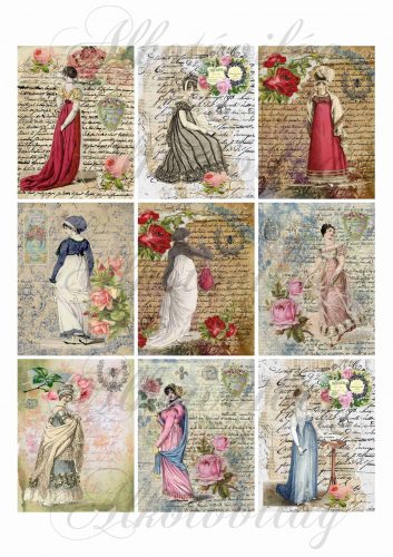 Vintage kártyák hölgyekkel - írásos háttérrel- 6x8 cm