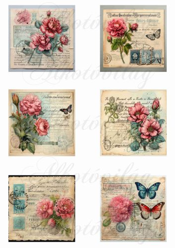 Vintage négyzetek rózsákkal, pillangókkal 8 x 8 cm