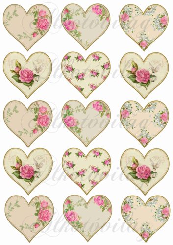 Vintage szívek pink rózsákkal 6x5,5 cm