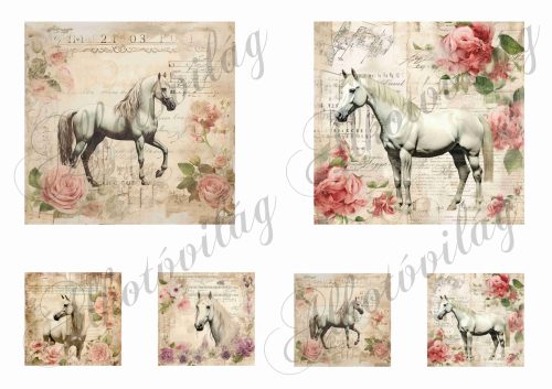 Vintage négyzetek lovakkal, rózsákkal 2 - 11 x 11 és 5,5 x 5,5 cm