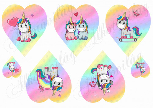 Unikornisok szivárványos szívekben