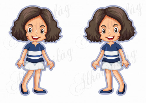 Meseszereplő- barna hajú lányka kék csíkos ruhában