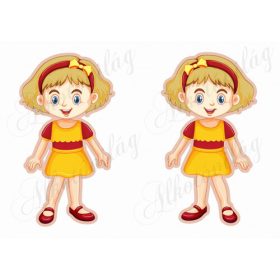 Meseszereplő- szőkés hajú lányka piros- sárga ruhában