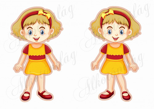 Meseszereplő- szőkés hajú lányka piros- sárga ruhában