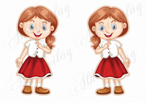 Meseszereplő- vörösesbarna hajú lányka piros szoknyában