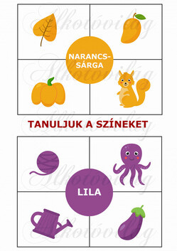 Oktatókártyák - TANULJUK A SZÍNEKET - NARANCSSÁRGA, LILA
