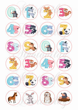 Számok cuki állatokkal 4 cm-es körökben