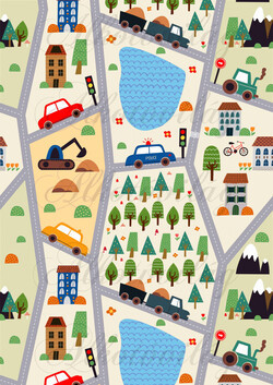 Játéktér- utak, autók, fák, tavak, hegyek, társasházak, teherautók, markolók