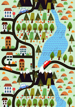 Játéktér- utak, autók, fák, tavak, hegyek, társasházak