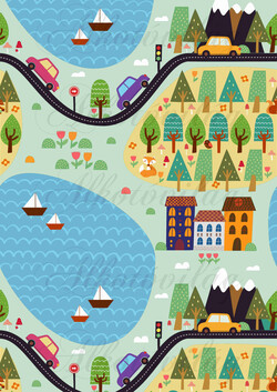 Játéktér- utak, autók, fák, tavak, vitorlások, társasházak