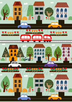 Játéktér- utak, autók, fák, tulipánok, társasházak