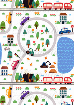 Játéktér- utak, autók, házak, virágok, róka, fa