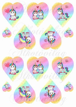 Unikornisok szivárványos szívekben