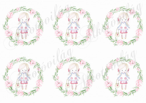 Rajzolt kislányok virágos körökben - 6 db