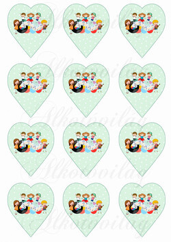 Vidám zenélő gyerekek pöttyös szív alapon