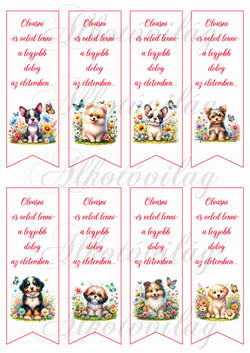 Könyvjelzők cuki kiskutyákkal, virágokkal - OLVASNI ÉS VELED LENNI... felirattal