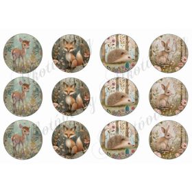 Woodland - cuki állatkák virágokkal 6 cm-es körökben