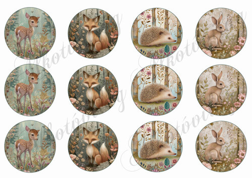 Woodland - cuki állatkák virágokkal 6 cm-es körökben