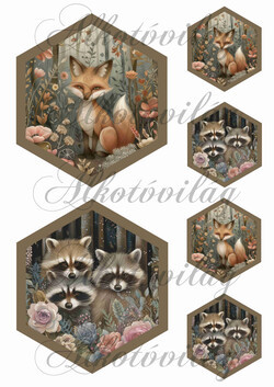 Woodland - cuki róka és borzok hexagonokban 13,5 x 11,5 cm + 6,5 x 5,5 cm