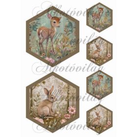   Woodland - cuki őzike és nyuszi hexagonokban 13,5 x 11,5 cm + 6,5 x 5,5 cm