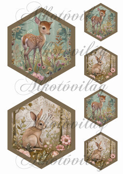 Woodland - cuki őzike és nyuszi hexagonokban 13,5 x 11,5 cm + 6,5 x 5,5 cm
