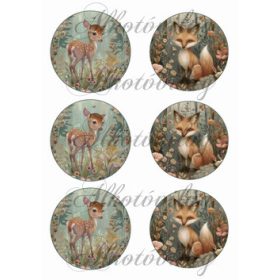   Woodland - cuki őzike és róka virágokkal 9 cm-es körökben