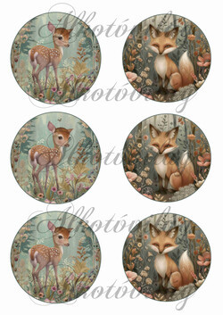 Woodland - cuki őzike és róka virágokkal 9 cm-es körökben