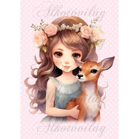   Párnablokk - vászontáska blokk - barna hajú hercegnő őzikével - rózsaszín pöttyös háttérrel