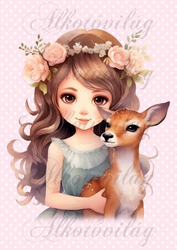 Párnablokk - vászontáska blokk - barna hajú hercegnő őzikével - rózsaszín pöttyös háttérrel