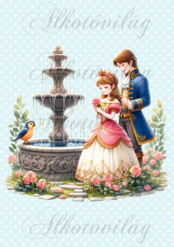 Párnablokk - vászontáska blokk - Herceg és hercegnő a szökőkútnál - pöttyös háttérrel